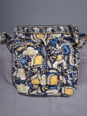 Vera Bradley Ellie Blue & Yellow Elephant Drawstring Crossbody Bag flap pockets